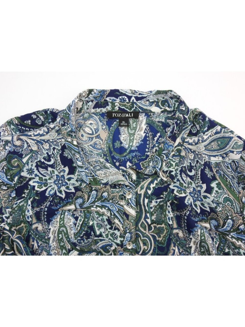 Roz & Ali Women's Paisley Button-Up Top Blue Green Beige Collared Long Sleeve L - Picture 6 of 11